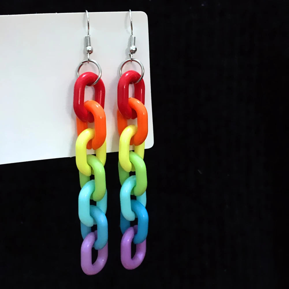 Personality Candy Color Acrylic Long Chain Statement Earrings Colorful Rainbow Geometric Cool Earrings for Woman Party Jewelry