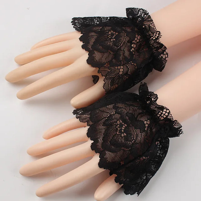 Womens Halloween Gothic Black Lace Wrist Cuffs Bracelets Party Sunscreen Rhinestone Bowknot Fingerless Gloves