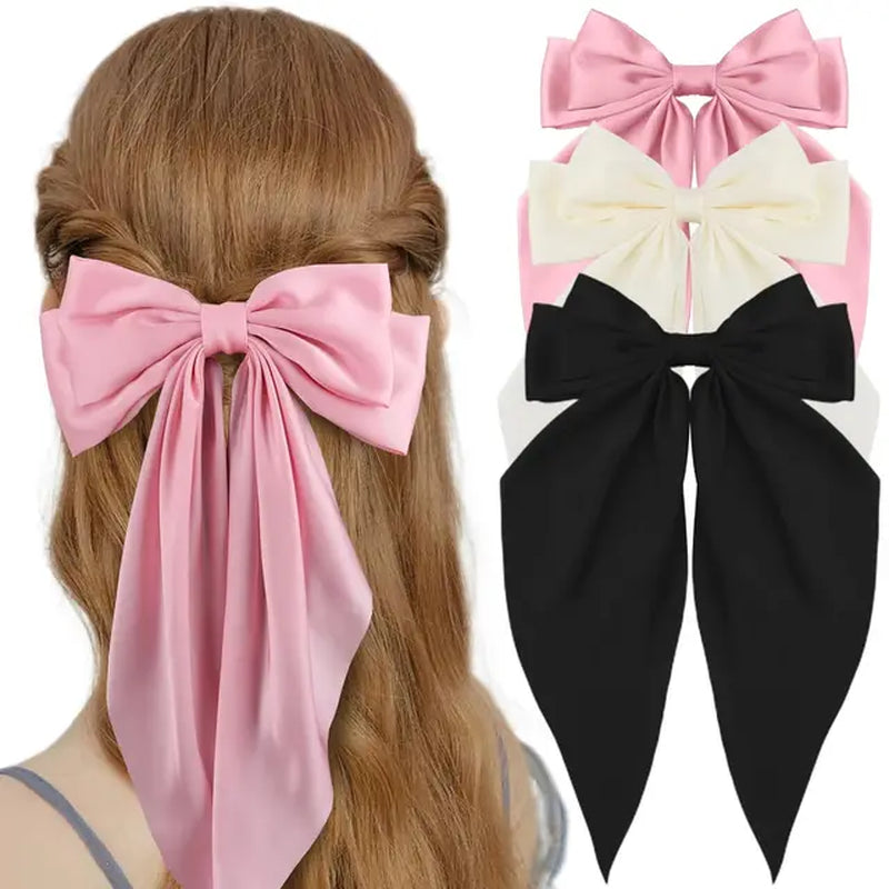 3Pcs Elegant Bow Ribbon Hair Clip for Women Fashion Solid Satin Spring Clip Hairpin Headband with Clips Girls Hair Accessories