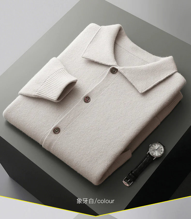 Men's Polo Collar Solid Color Wool Cardigan