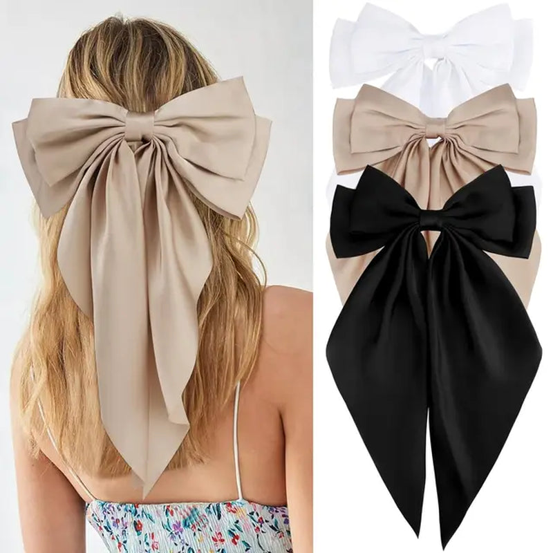 3Pcs Elegant Bow Ribbon Hair Clip for Women Fashion Solid Satin Spring Clip Hairpin Headband with Clips Girls Hair Accessories