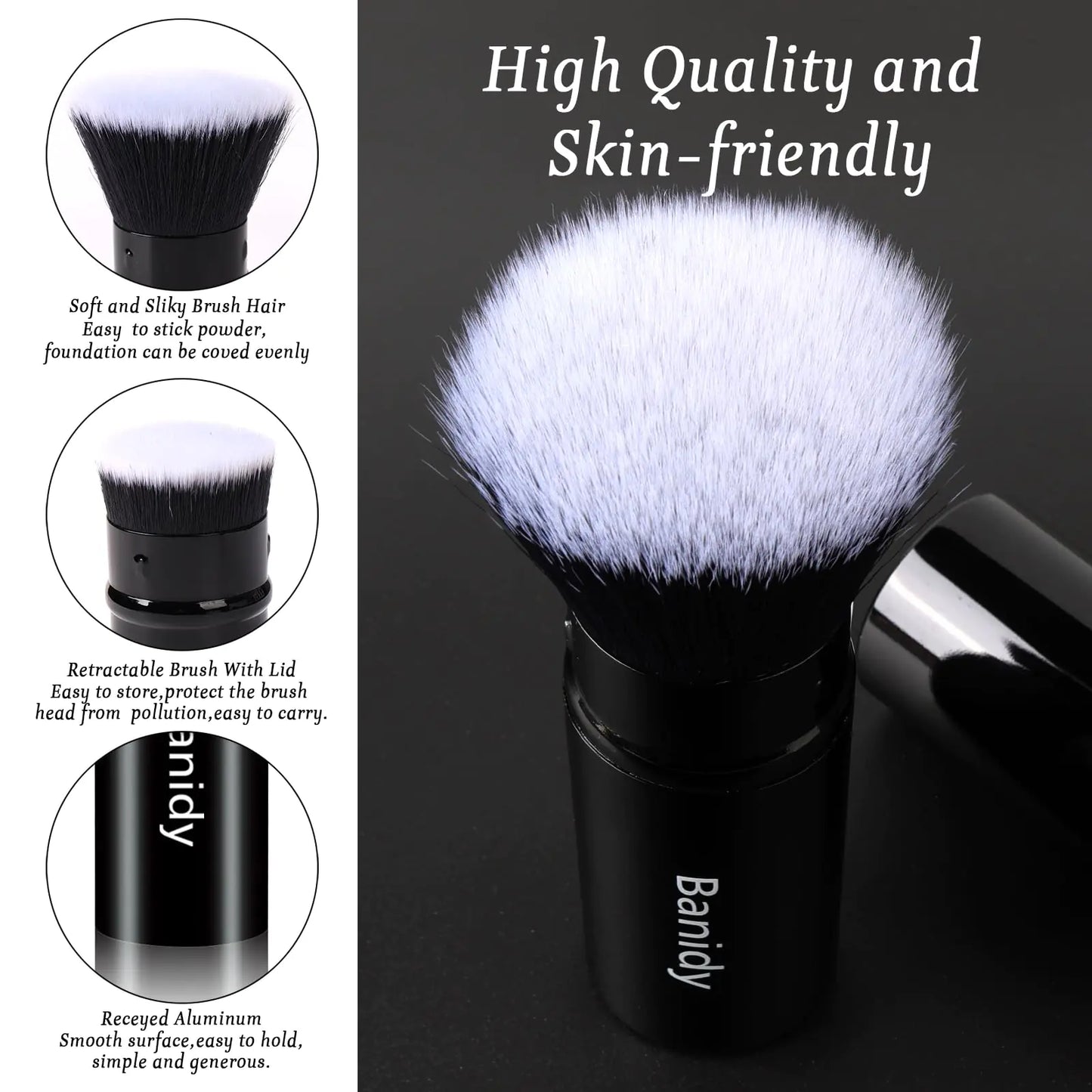 Makeup Brush Kabuki Face Brushes Retractable Travel Blush Brush Portable Flawless for Foundation, Powder Blush, Bronzer, Buffing, Liquid, Cream, Cruelty Free with Cover(Flat-Head) Flat-Head-Black