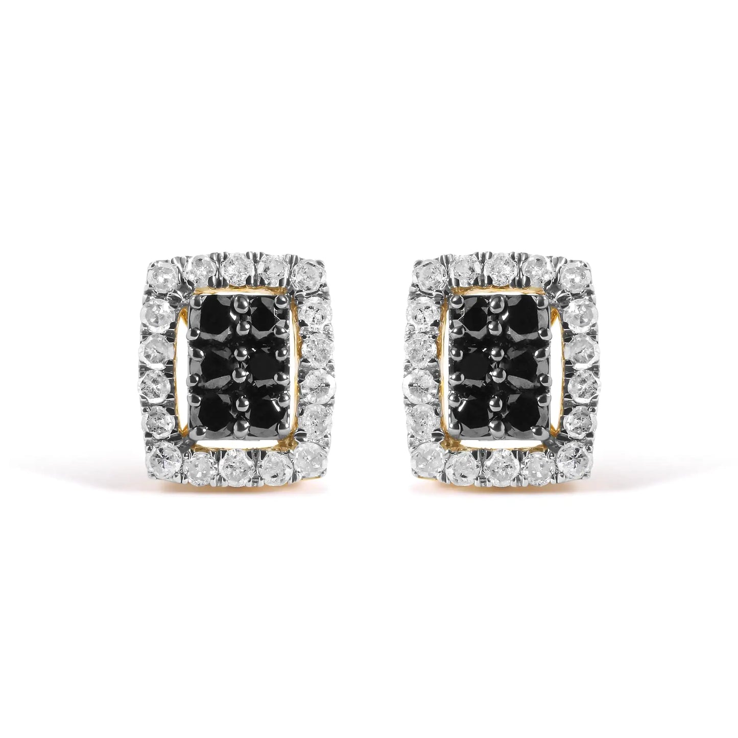 Men's 10K Yellow Gold 1.00 Cttw White and Black Diamond Emerald Shape Halo Stud Earring (Black / I-J Color, I2-I3 Clarity)