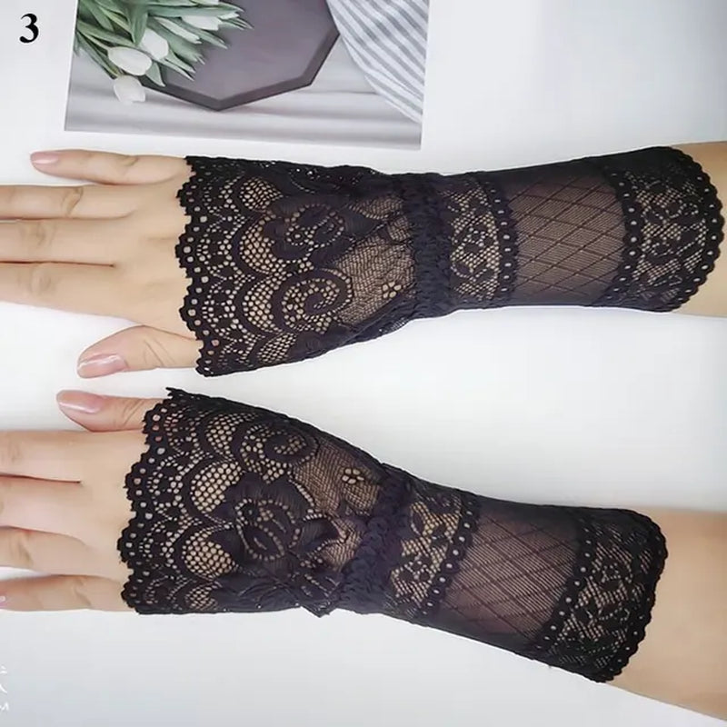 Womens Halloween Gothic Black Lace Wrist Cuffs Bracelets Party Sunscreen Rhinestone Bowknot Fingerless Gloves