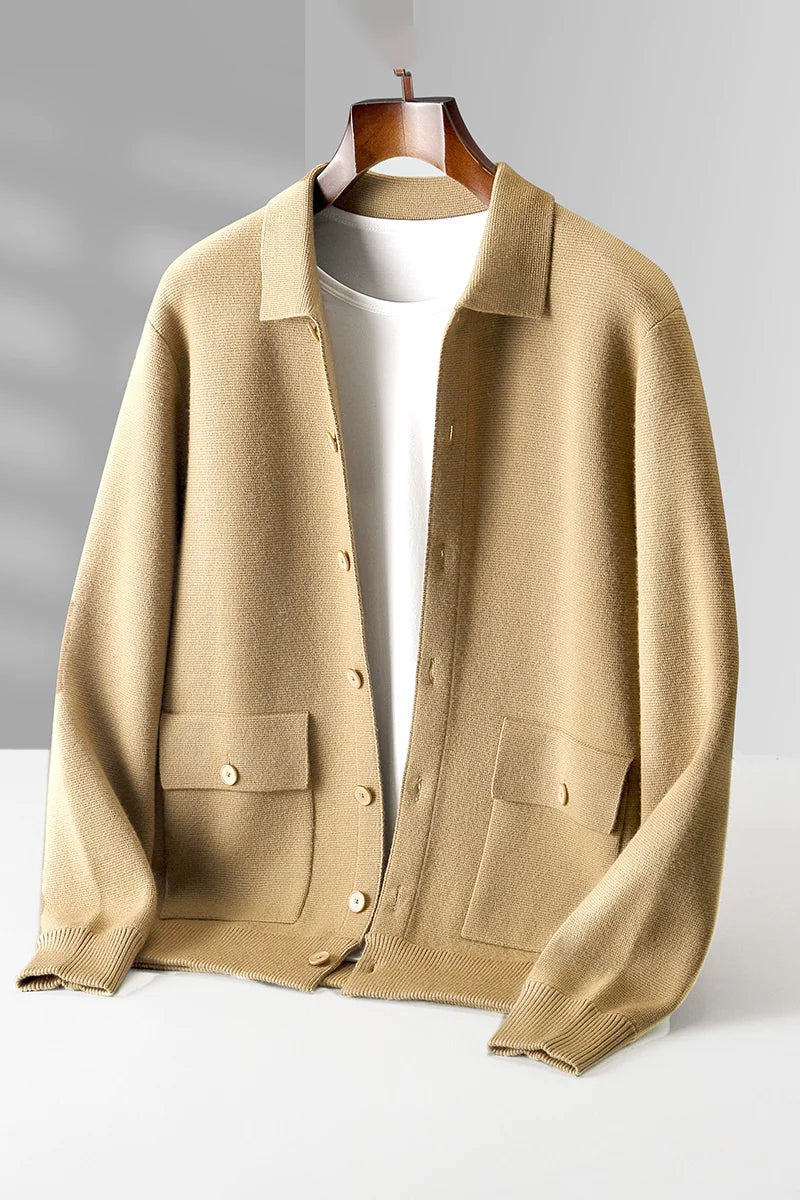 Men's Polo Collar Solid Color Wool Cardigan