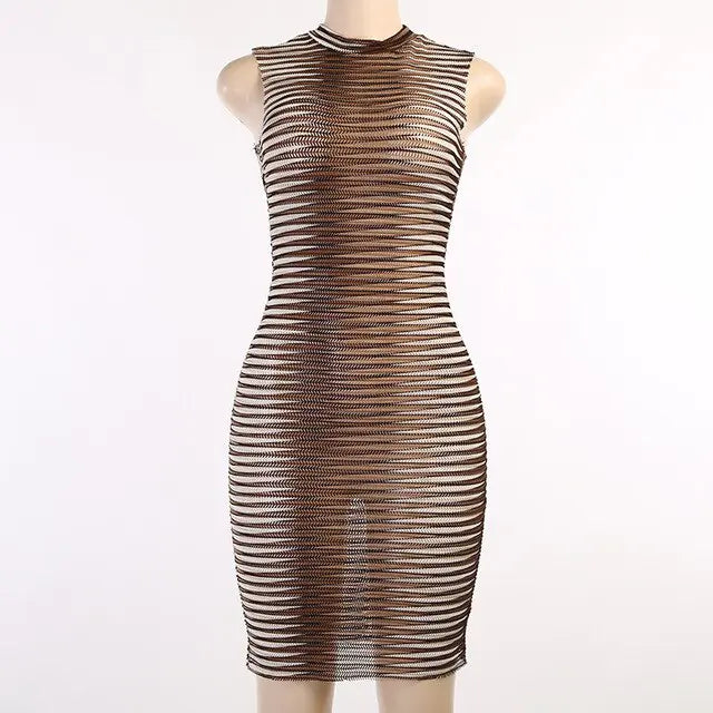 Stripe Printed O-neck Party Mini Dress