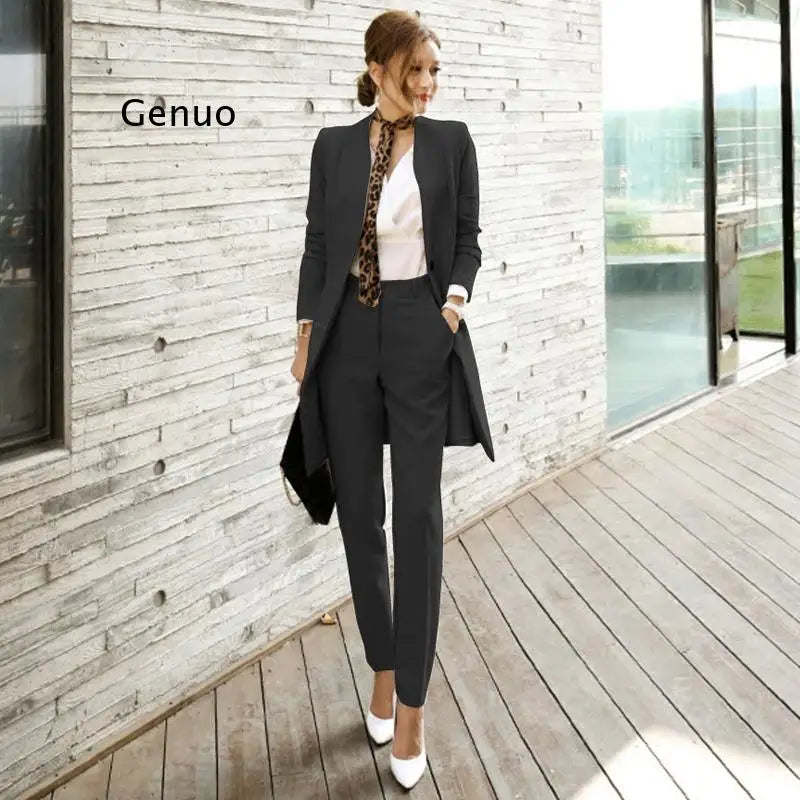 New Korean Business Women's Slim Solid Color Long Suit Jacket + Slim Trousers Pants Office OL Work Wear 2 Piece Set