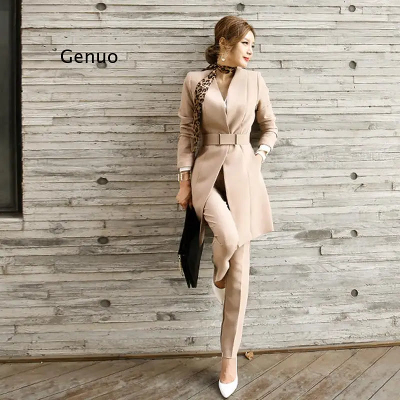 New Korean Business Women's Slim Solid Color Long Suit Jacket + Slim Trousers Pants Office OL Work Wear 2 Piece Set