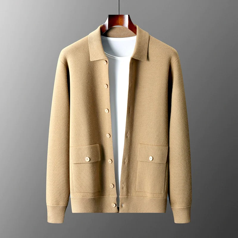 Men's Polo Collar Solid Color Wool Cardigan