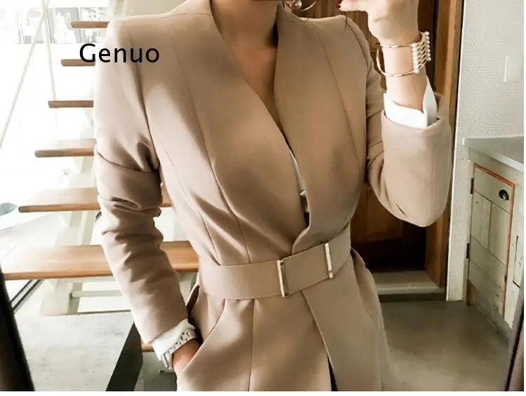 New Korean Business Women's Slim Solid Color Long Suit Jacket + Slim Trousers Pants Office OL Work Wear 2 Piece Set