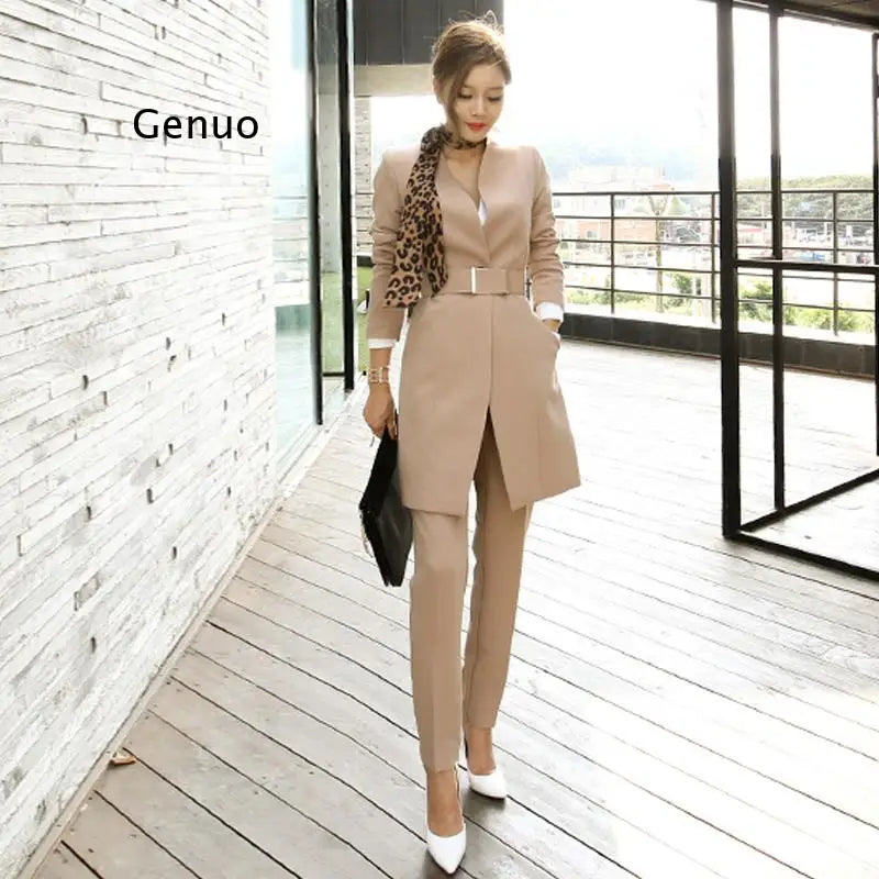 New Korean Business Women's Slim Solid Color Long Suit Jacket + Slim Trousers Pants Office OL Work Wear 2 Piece Set