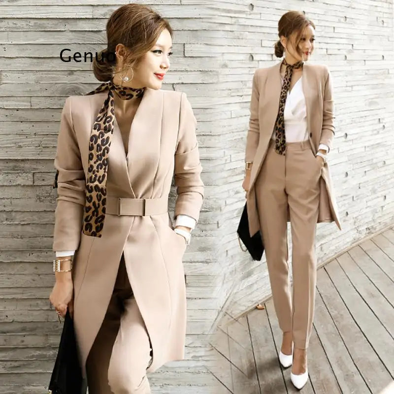 New Korean Business Women's Slim Solid Color Long Suit Jacket + Slim Trousers Pants Office OL Work Wear 2 Piece Set