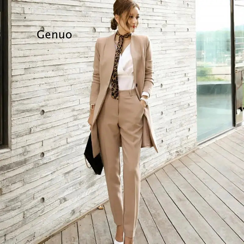 New Korean Business Women's Slim Solid Color Long Suit Jacket + Slim Trousers Pants Office OL Work Wear 2 Piece Set