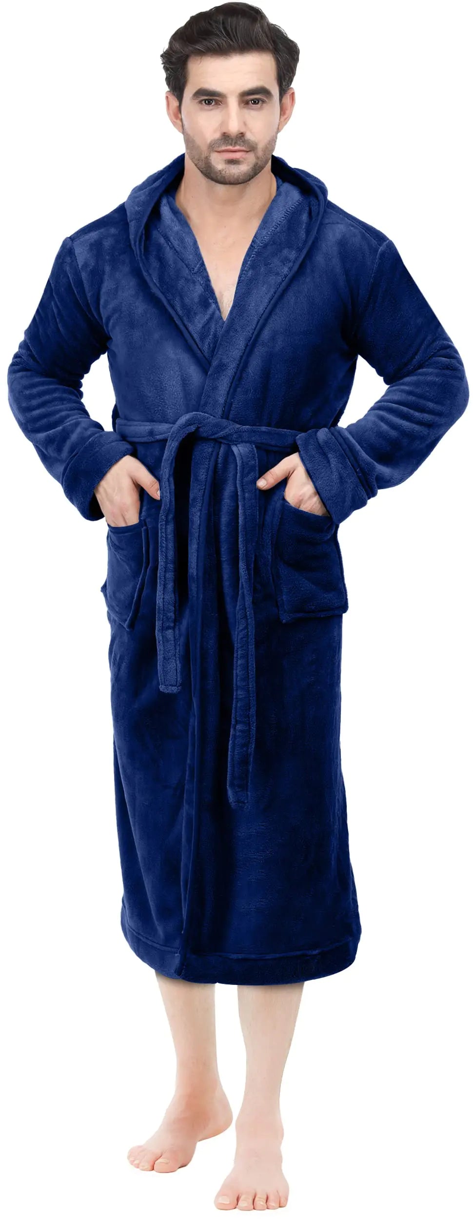 NY Threads Men's Hooded Fleece Bathrobe Plush Long Spa Robe Small-Medium Navy