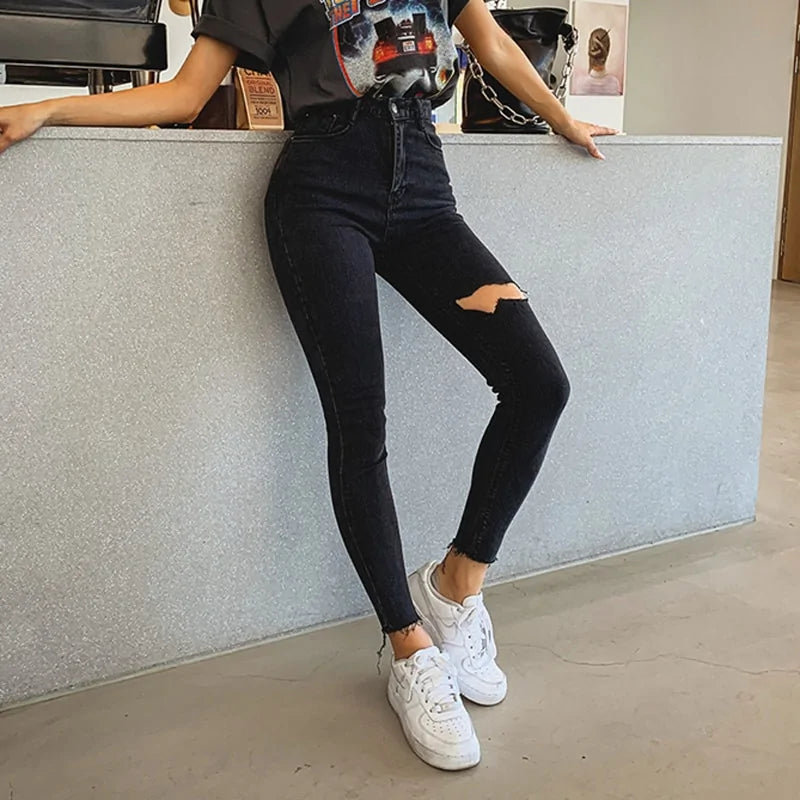 High Waist Tassel Ripped Denim Skinny Pants - Women's Black Jeans