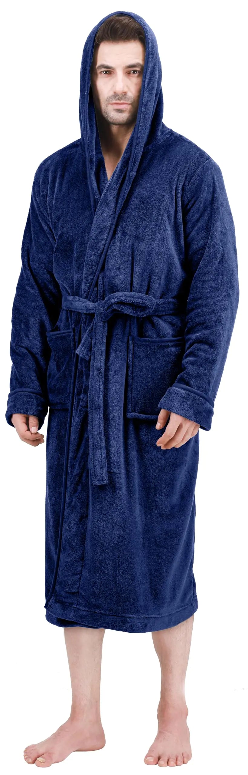 NY Threads Men's Hooded Fleece Bathrobe Plush Long Spa Robe Small-Medium Navy