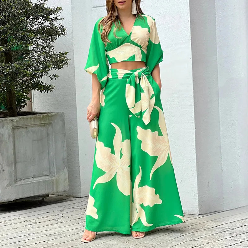 Two Piece Sets Women 2023 Autumn V Neck Print Shirt Wide Leg Pants High Waist Elegant Casual Suit Set Office Lady 2 Pieces