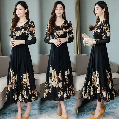 Popular spring and autumn temperament long sleeved floral medium and long women's dress