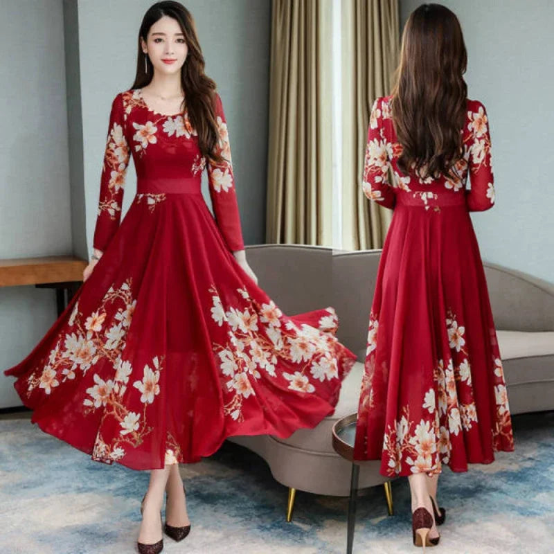 Popular spring and autumn temperament long sleeved floral medium and long women's dress