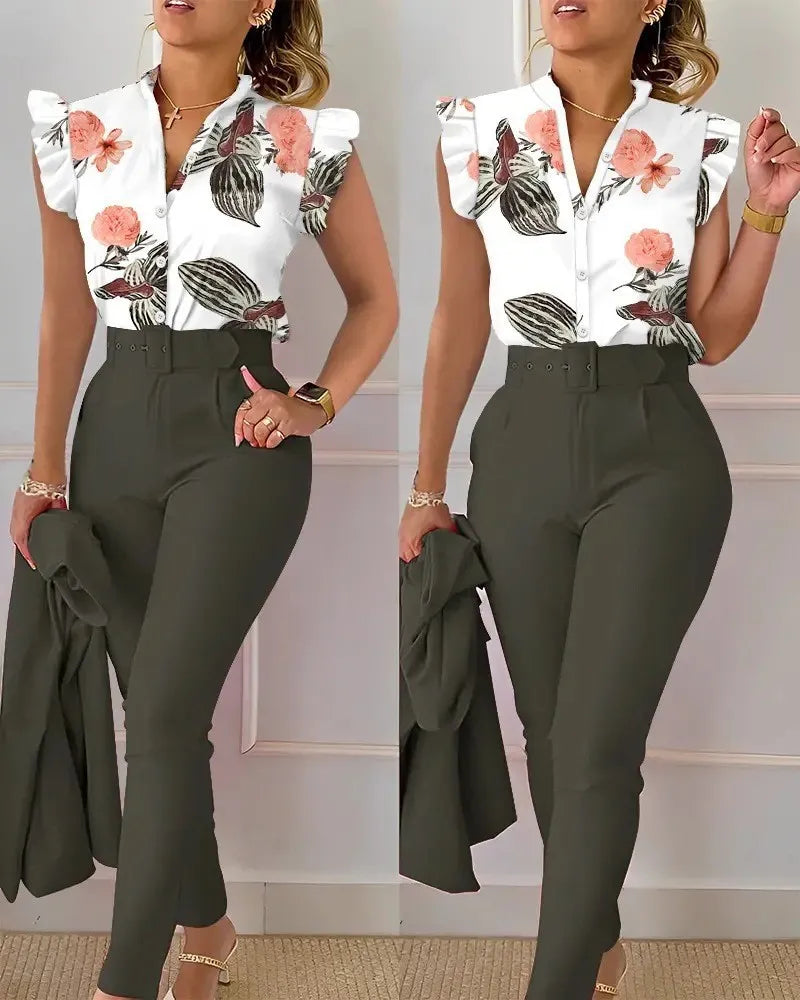 Elegant Print Shirt And Pants Two Piece Sets Women Pants Spring Autumn Fashion Long Sleeve Shirts High Waist Pant Casual Suits