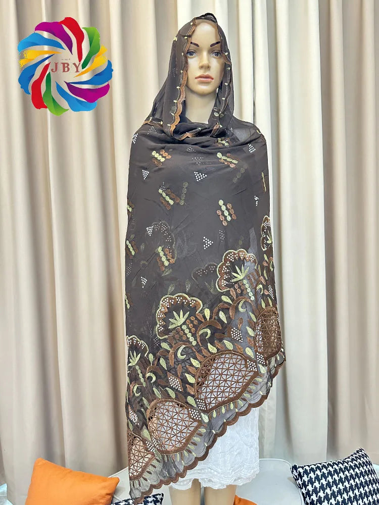 2023 Muslim Ramadan Hijab Femme Musulman Foulard Hijabs For Woman African Islam Dubai Chiffon Embroider Scarf 200*100 Shawls