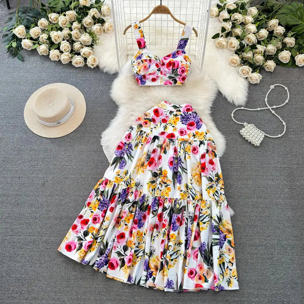 Spring Summer Women Fashion Elegant Casual Skirts Suit Vintage Chic Floral Tanks Tops A-Line Saya Two Pieces Set Female Clothes