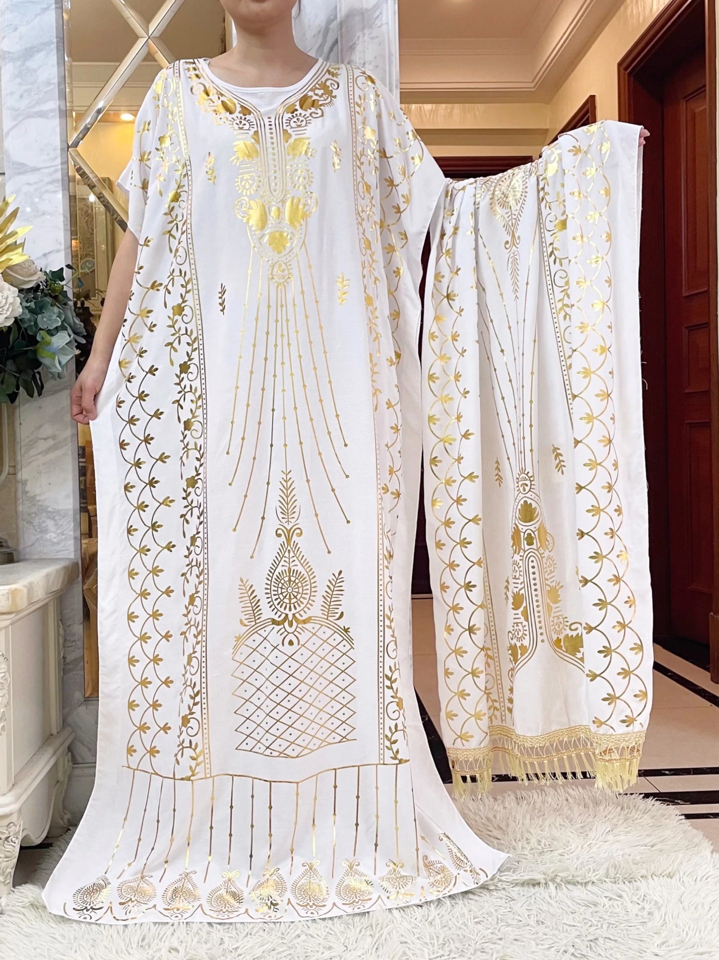 2024New Summer Loose Short Sleeve Cotton Robe Gold Stamping  Boubou Maxi Islam Femme Dress With Big Scarf African Abaya Clothes