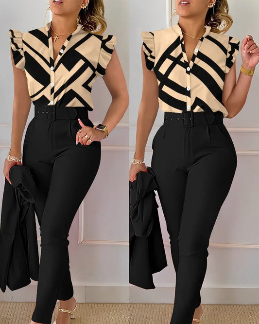 Elegant Print Shirt And Pants Two Piece Sets Women Pants Spring Autumn Fashion Long Sleeve Shirts High Waist Pant Casual Suits