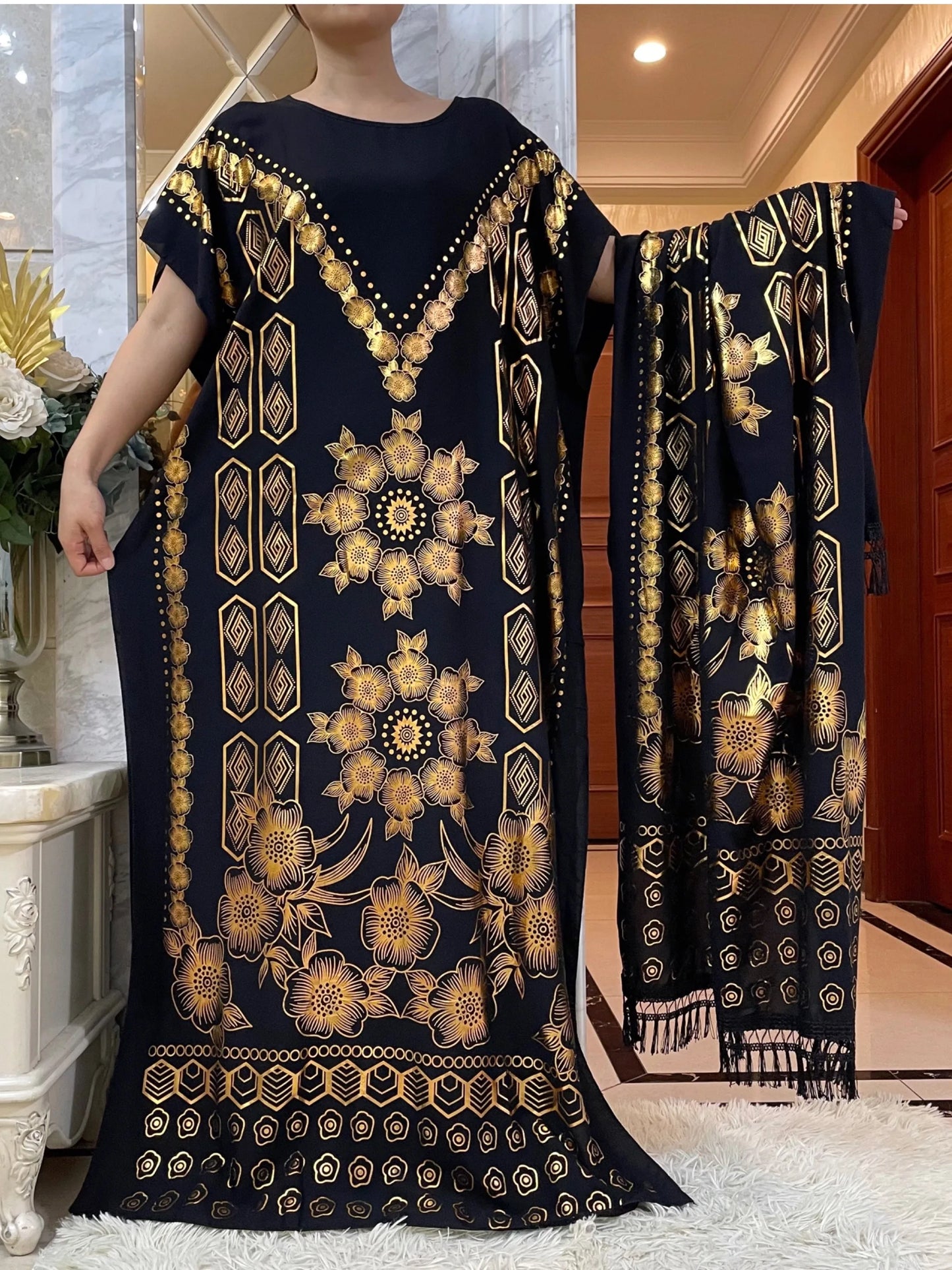 Dubai New Abaya For Women  Summer Short Sleeve Cotton Dress Gold Stamping Loose Lady Maxi Islam African Dress With Big Scarf