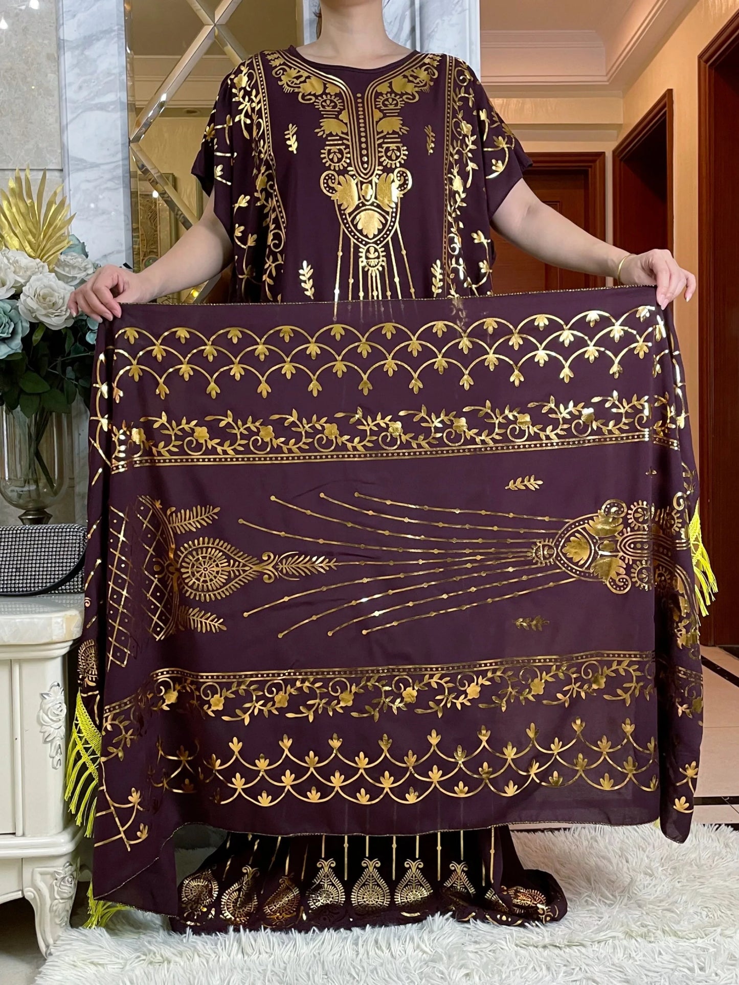 2024New Summer Loose Short Sleeve Cotton Robe Gold Stamping  Boubou Maxi Islam Femme Dress With Big Scarf African Abaya Clothes