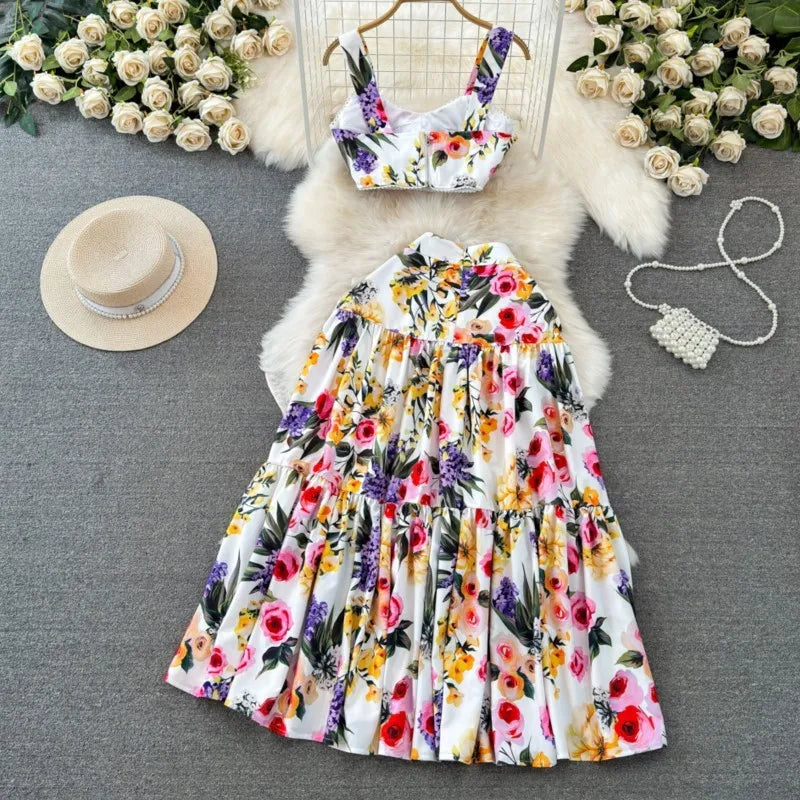 Spring Summer Women Fashion Elegant Casual Skirts Suit Vintage Chic Floral Tanks Tops A-Line Saya Two Pieces Set Female Clothes