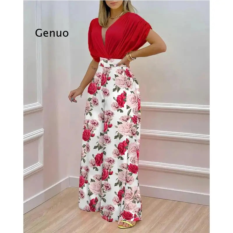 Elegant Two Piece Set Women Fashion V-Neck Bat Sleeve Top Printed Wide-Leg Pants Suit 2022 Spring Summer Casual Women Suits