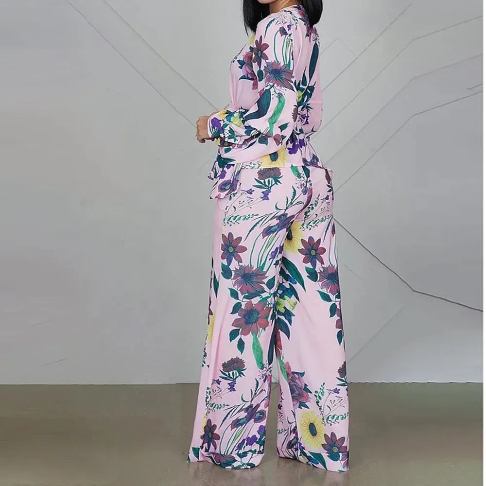 Print Shirt Wide Leg Pants Two Piece Set Women Outfit V Neck Short Puff Sleeve Top Pants Suit Office Lady Elegant 2024 New