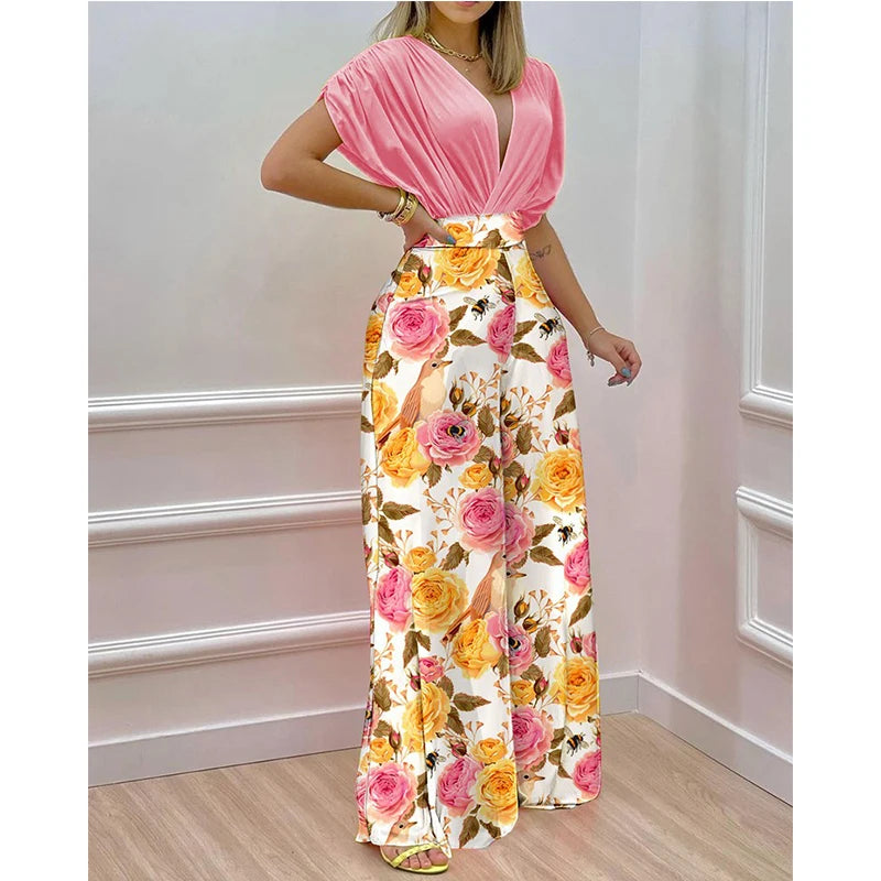 Elegant Two Piece Set Women Fashion V-Neck Bat Sleeve Top Printed Wide-Leg Pants Suit 2022 Spring Summer Casual Women Suits