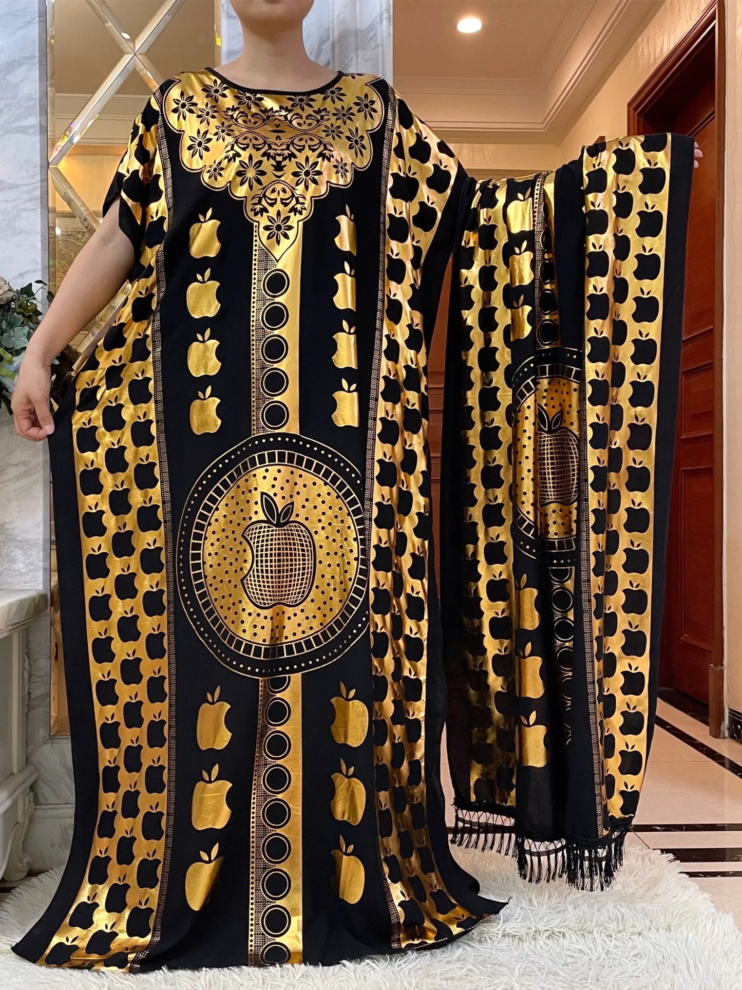 Dubai New Abaya For Women  Summer Short Sleeve Cotton Dress Gold Stamping Loose Lady Maxi Islam African Dress With Big Scarf