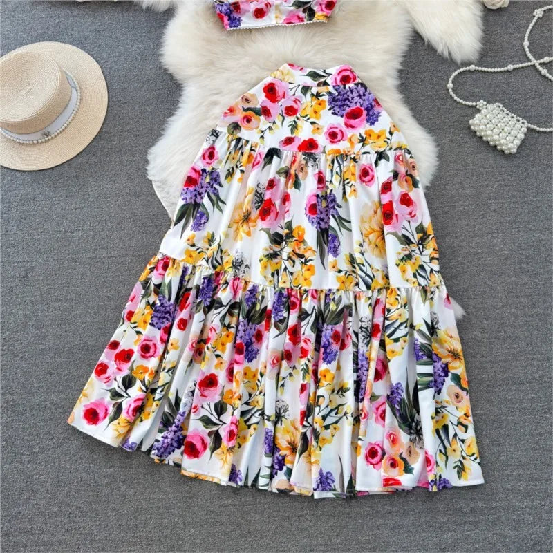 Spring Summer Women Fashion Elegant Casual Skirts Suit Vintage Chic Floral Tanks Tops A-Line Saya Two Pieces Set Female Clothes