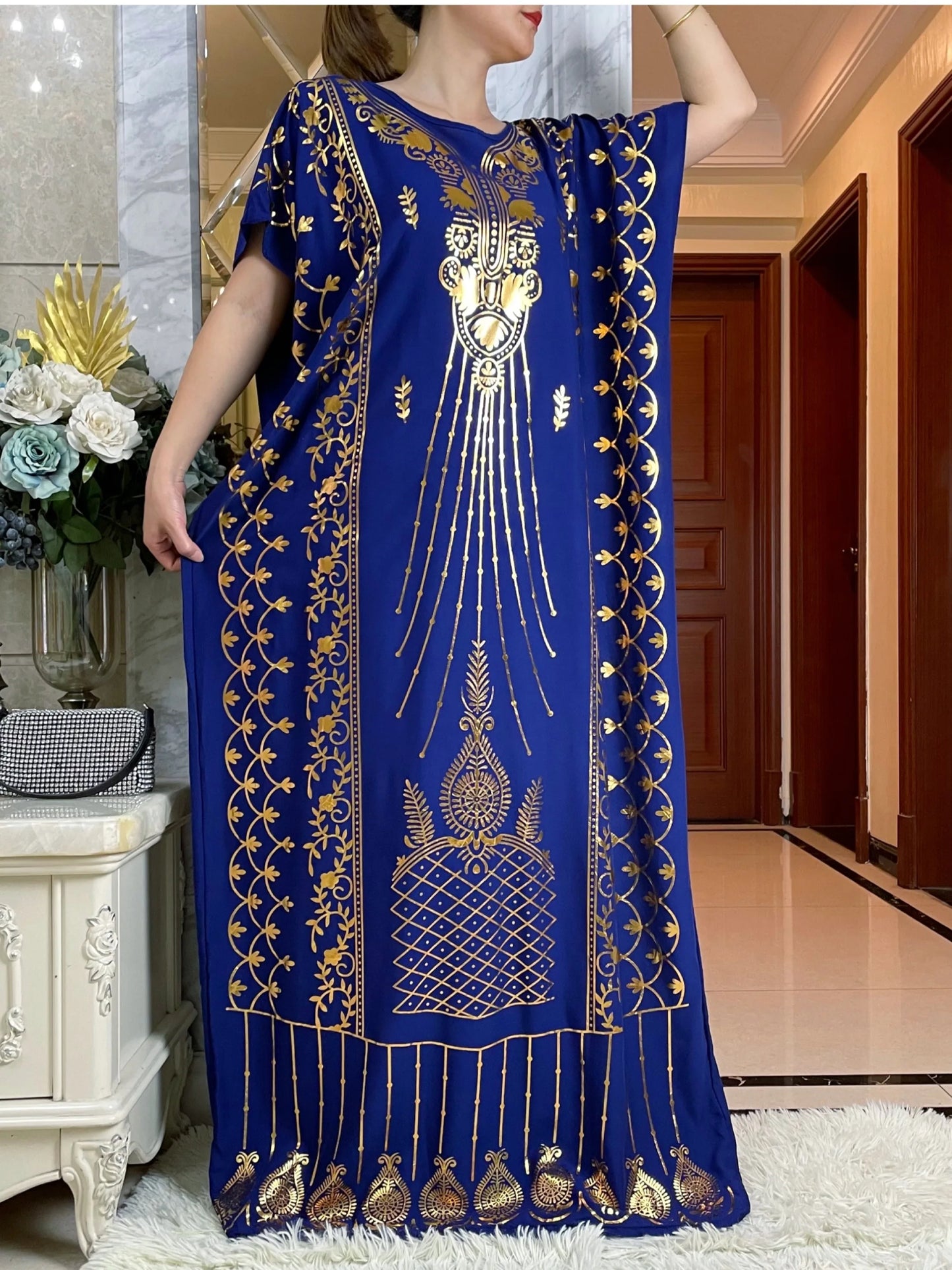 2024New Summer Loose Short Sleeve Cotton Robe Gold Stamping  Boubou Maxi Islam Femme Dress With Big Scarf African Abaya Clothes