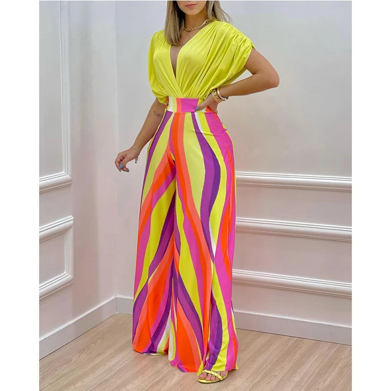 Elegant Two Piece Set Women Fashion V-Neck Bat Sleeve Top Printed Wide-Leg Pants Suit 2022 Spring Summer Casual Women Suits