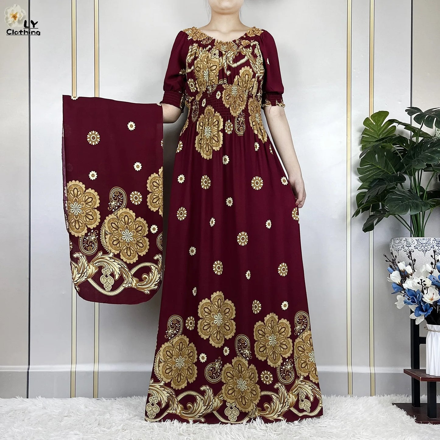 New Summer Muslim Abayas Fashion For Women Floral Elasticity Loose Femme Elegant Robe Maxi African Casual Dresses With Turban