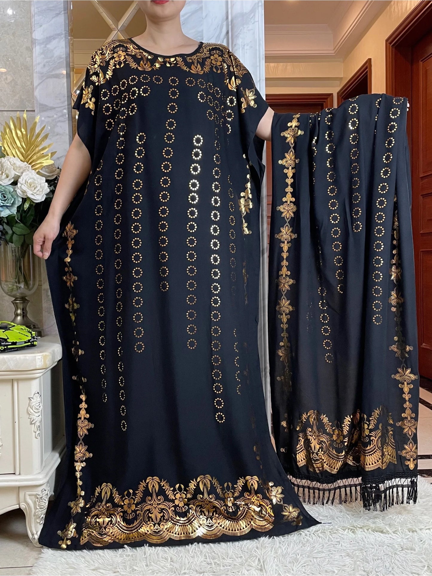 2024New Summer Loose Short Sleeve Cotton Robe Gold Stamping  Boubou Maxi Islam Femme Dress With Big Scarf African Abaya Clothes