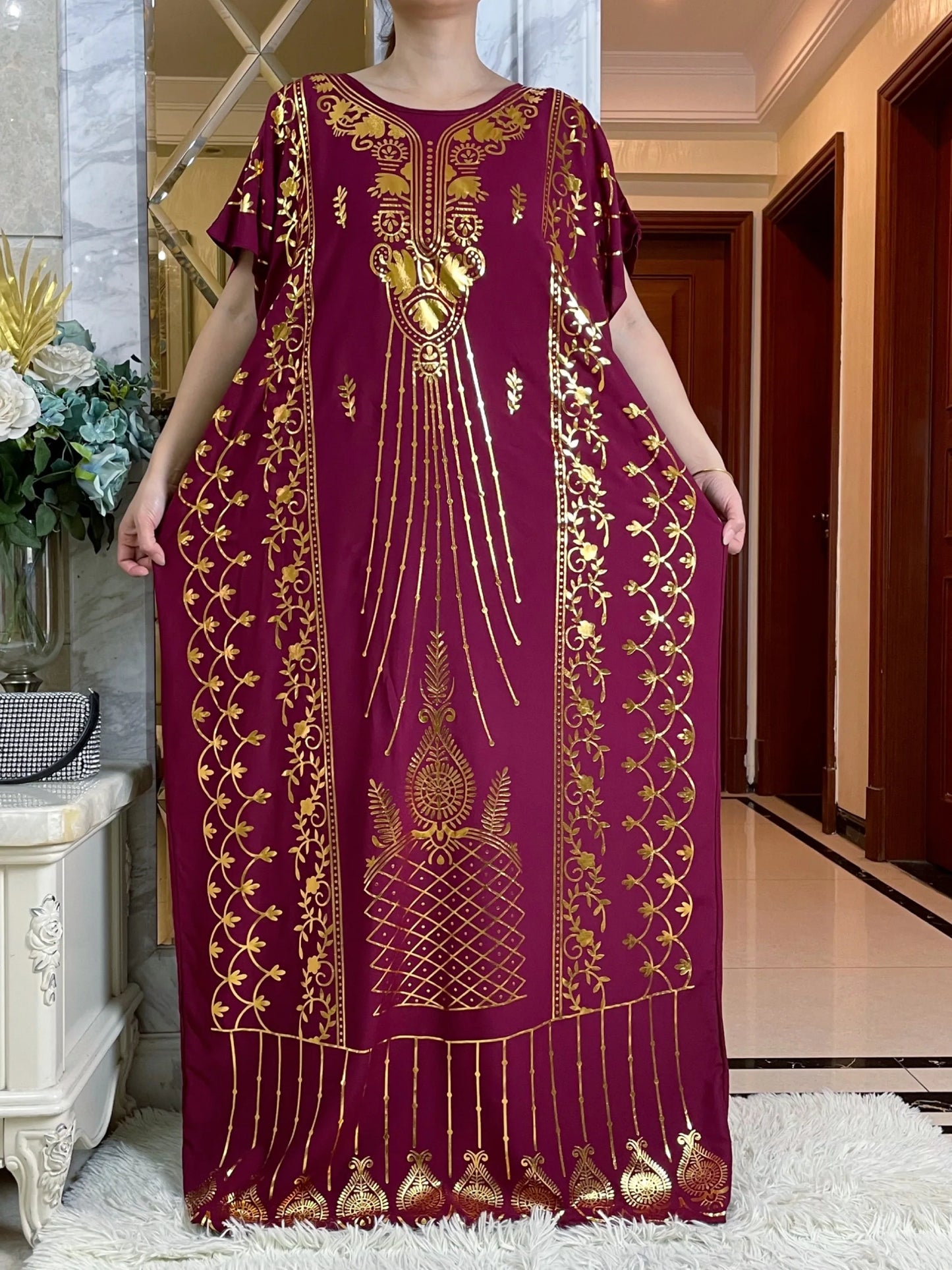 2024New Summer Loose Short Sleeve Cotton Robe Gold Stamping  Boubou Maxi Islam Femme Dress With Big Scarf African Abaya Clothes