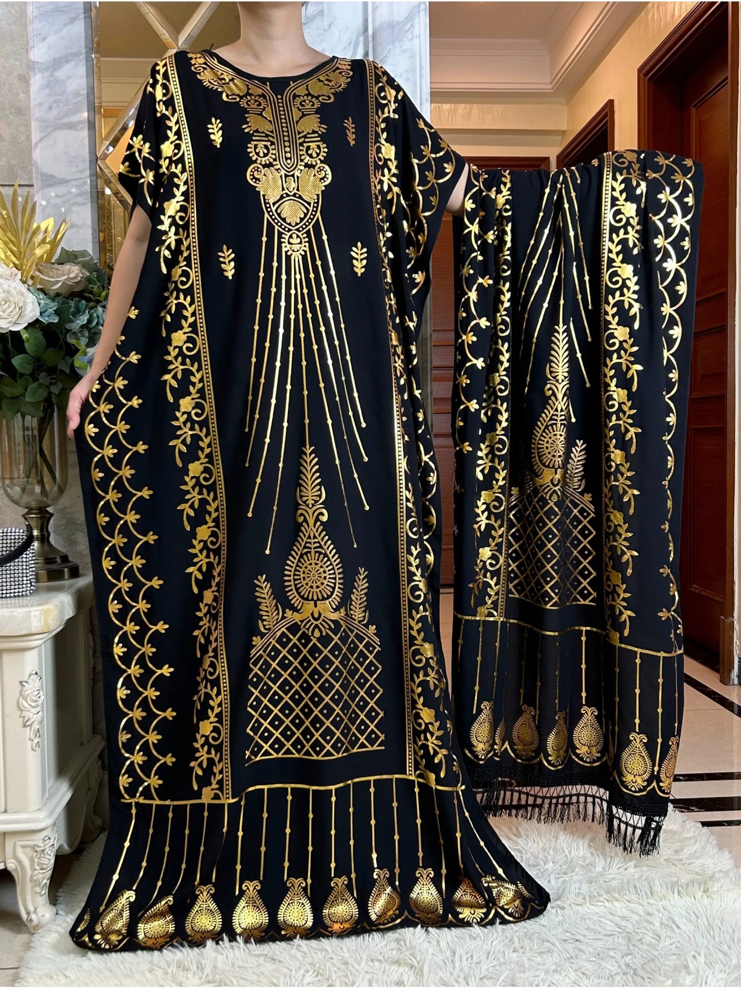 Dubai New Abaya For Women  Summer Short Sleeve Cotton Dress Gold Stamping Loose Lady Maxi Islam African Dress With Big Scarf