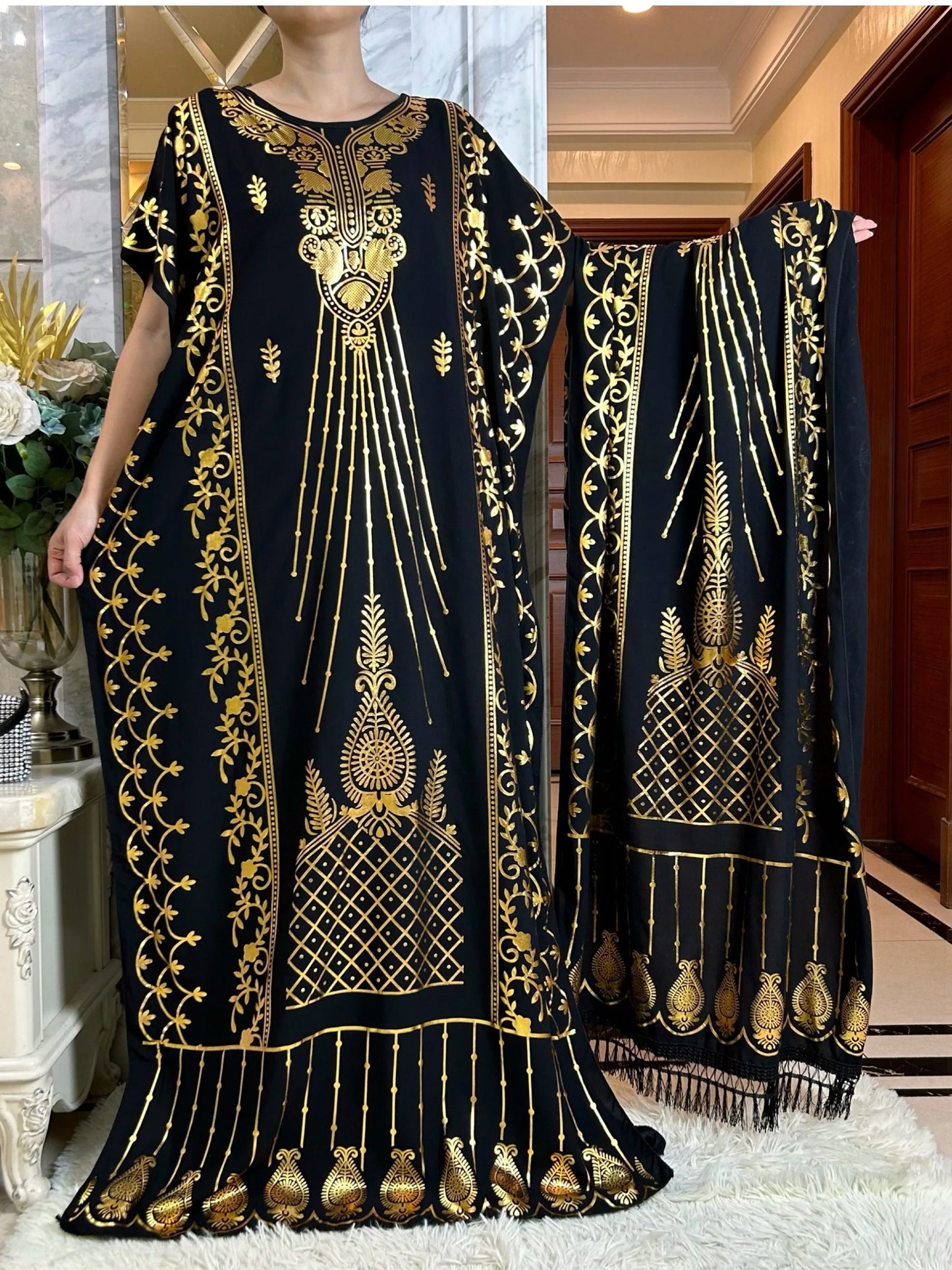 2024New Summer Loose Short Sleeve Cotton Robe Gold Stamping  Boubou Maxi Islam Femme Dress With Big Scarf African Abaya Clothes