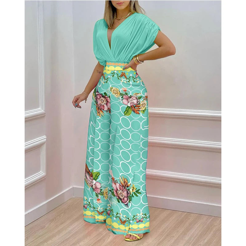 Elegant Two Piece Set Women Fashion V-Neck Bat Sleeve Top Printed Wide-Leg Pants Suit 2022 Spring Summer Casual Women Suits