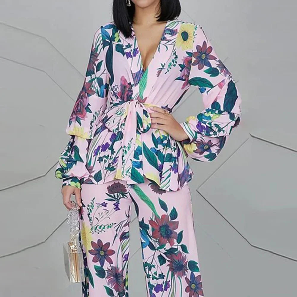 Print Shirt Wide Leg Pants Two Piece Set Women Outfit V Neck Short Puff Sleeve Top Pants Suit Office Lady Elegant 2024 New