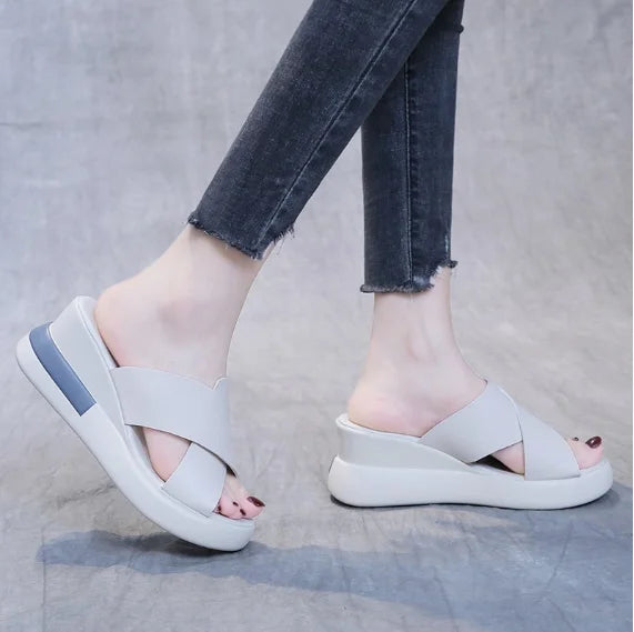 Thick-soled Wedge Sandals Women 2022 New Summer High-heeled Fish Mouth Women's Shoes Soft Leather High Platform Shoes Slippers