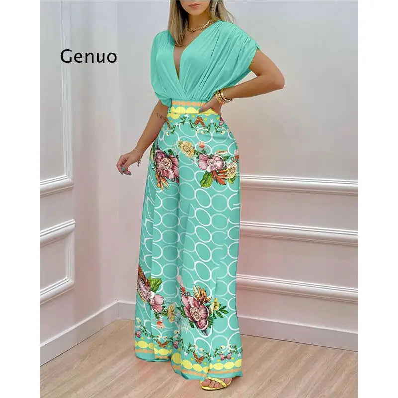 Elegant Two Piece Set Women Fashion V-Neck Bat Sleeve Top Printed Wide-Leg Pants Suit 2022 Spring Summer Casual Women Suits