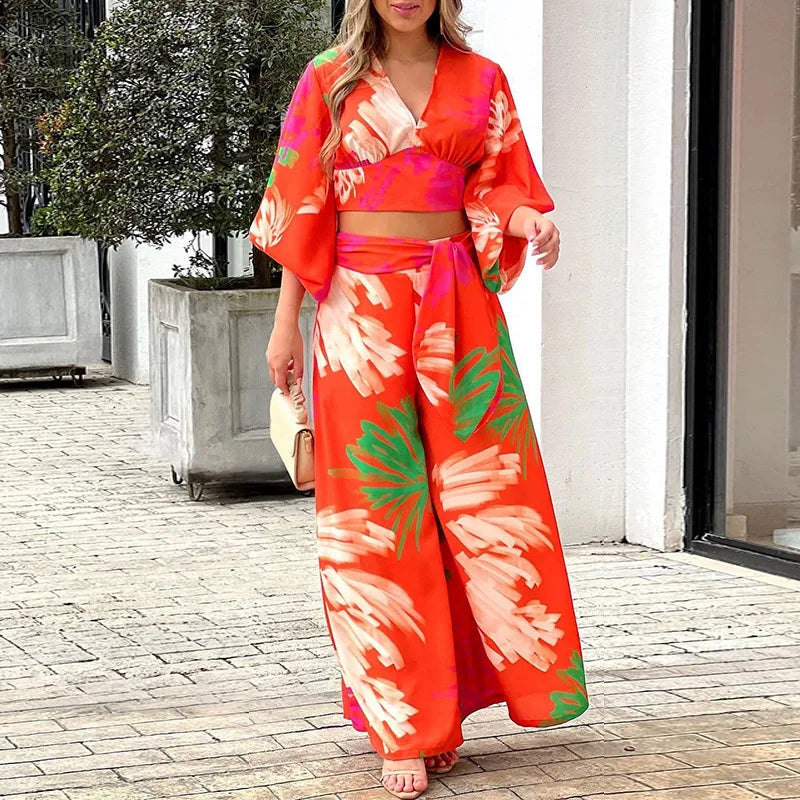 Two Piece Sets Women 2023 Autumn V Neck Print Shirt Wide Leg Pants High Waist Elegant Casual Suit Set Office Lady 2 Pieces