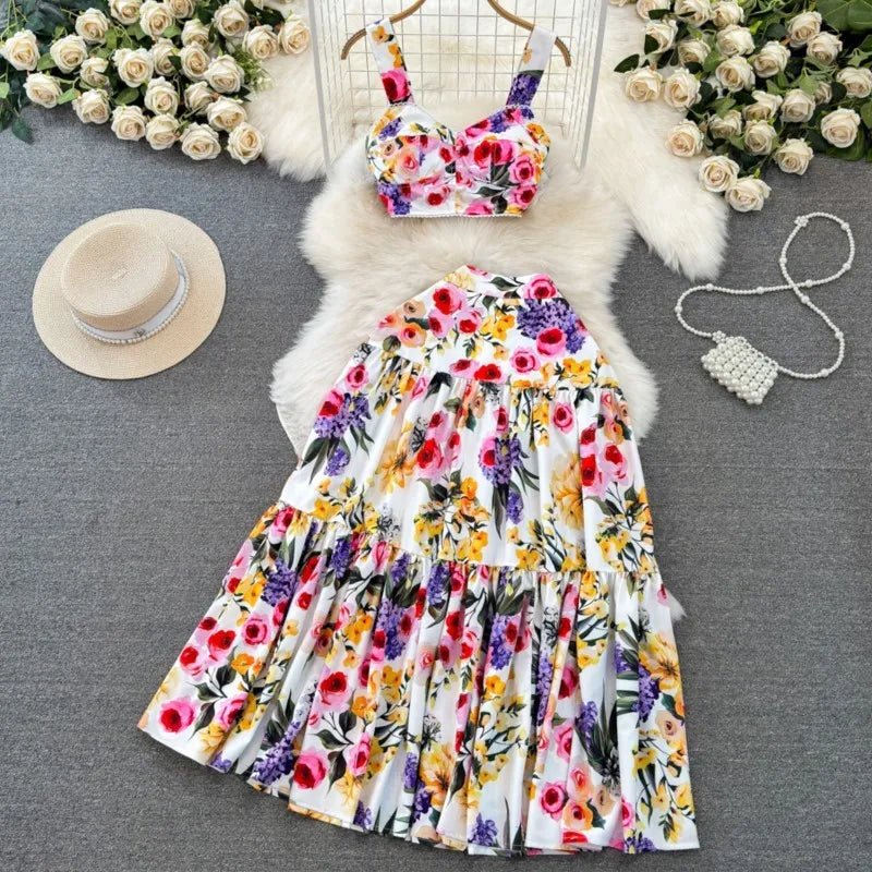 Spring Summer Women Fashion Elegant Casual Skirts Suit Vintage Chic Floral Tanks Tops A-Line Saya Two Pieces Set Female Clothes