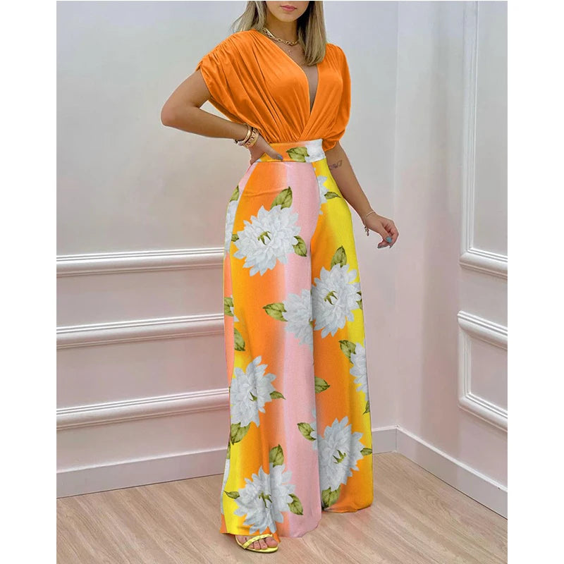 Elegant Two Piece Set Women Fashion V-Neck Bat Sleeve Top Printed Wide-Leg Pants Suit 2022 Spring Summer Casual Women Suits